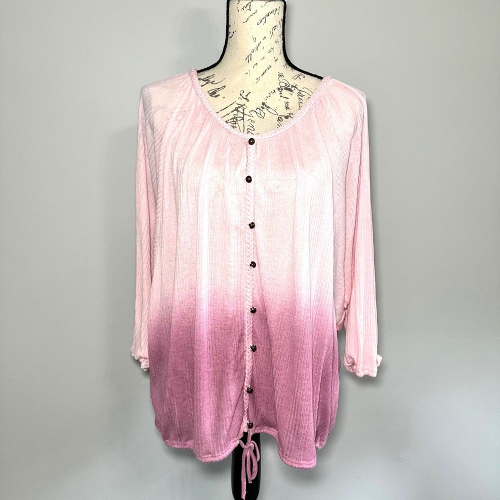 Seven7 | Pink Ombre Braided Accents 3/4 Sleeve Blouse | Size L